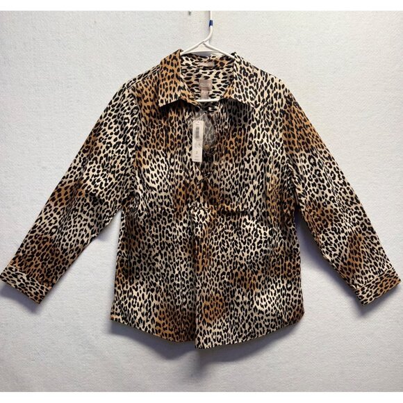 Chicos Leopard Print Button-Up Shirt Womens Size 2 Polyester Leopard Long Sleeve - Picture 1 of 9